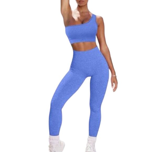 2 Piece Seamless Blue High Waist Leggings One Shoulder Sports Bra Outfit - Picture 1 of 5